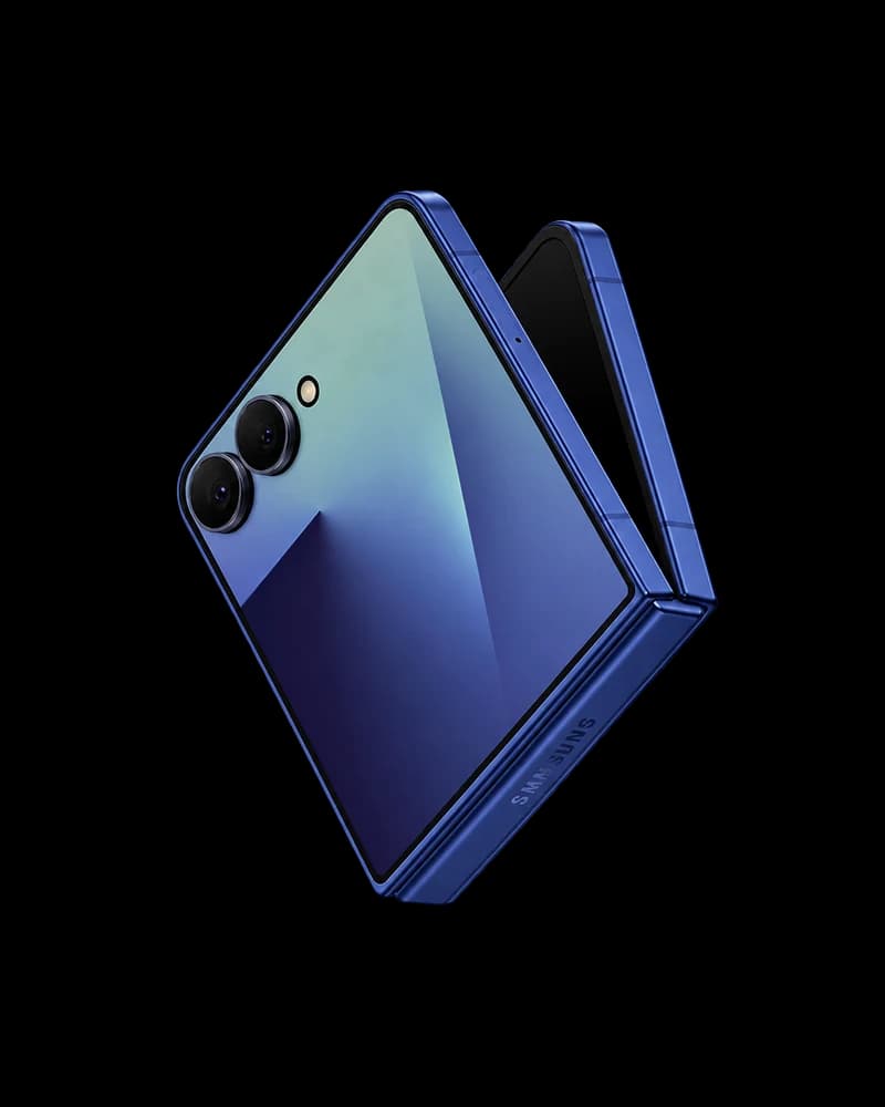 Samsung Galaxy Z Flip7 in blue shadow, half open