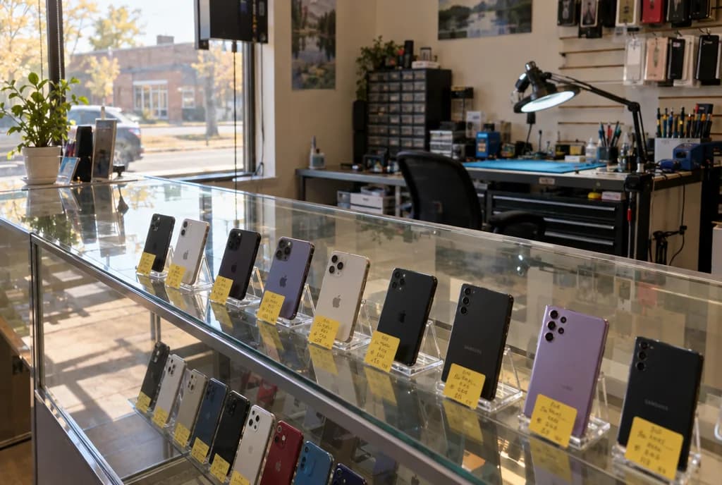 The display case with pre-owned phones and price tags