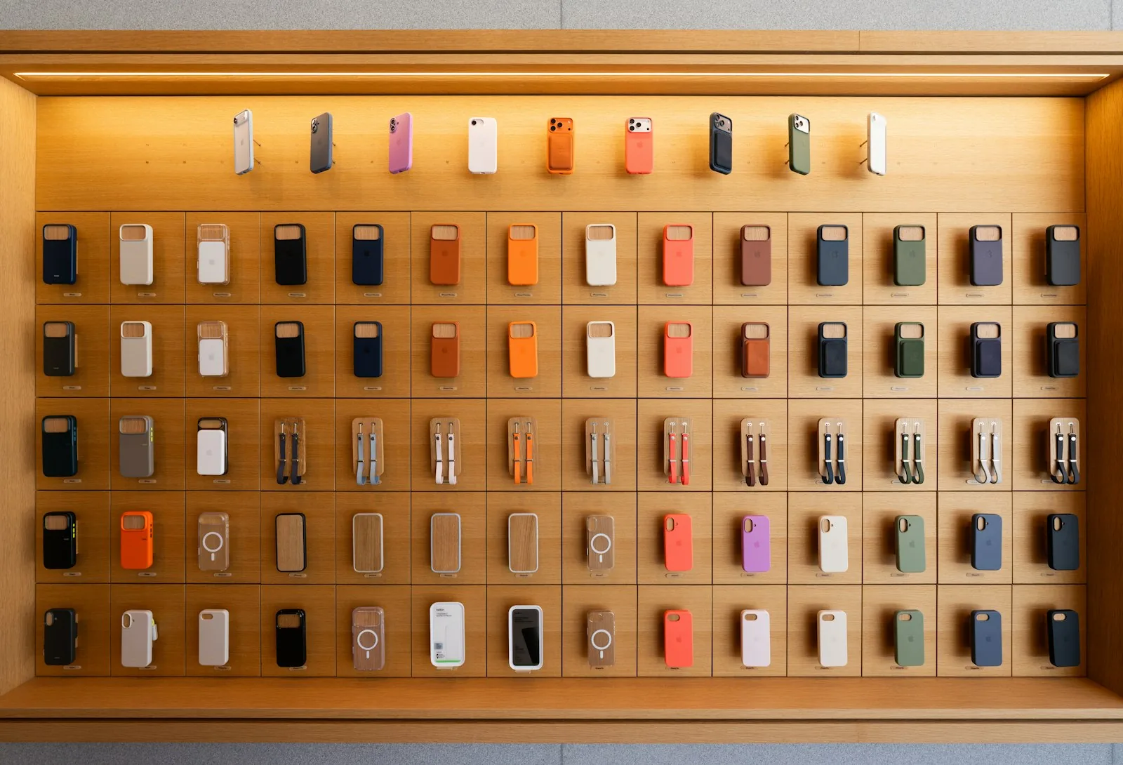 Wall of phone cases in many colors