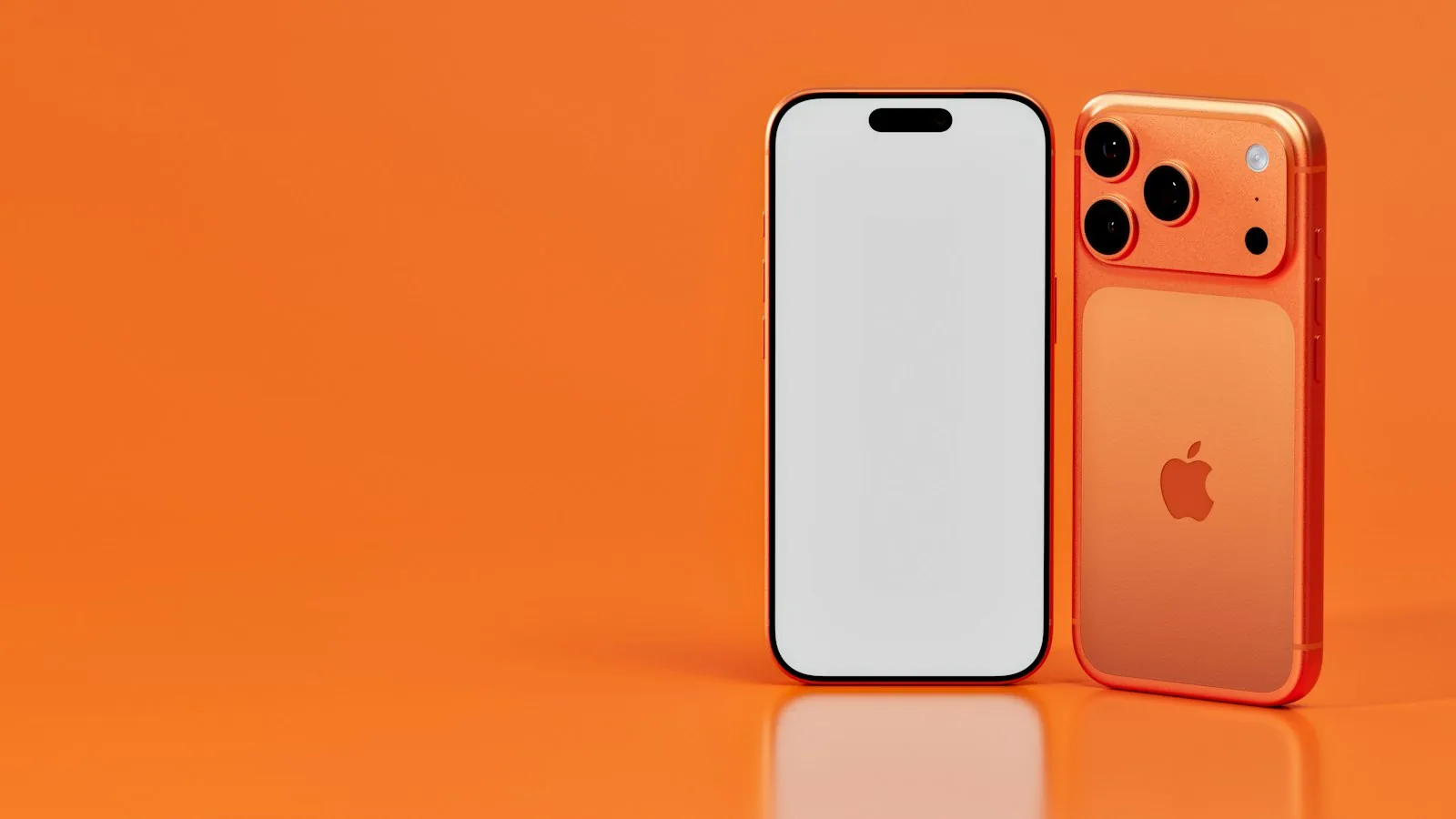 iPhone 17 Pro in cosmic orange, front and back, on an orange background